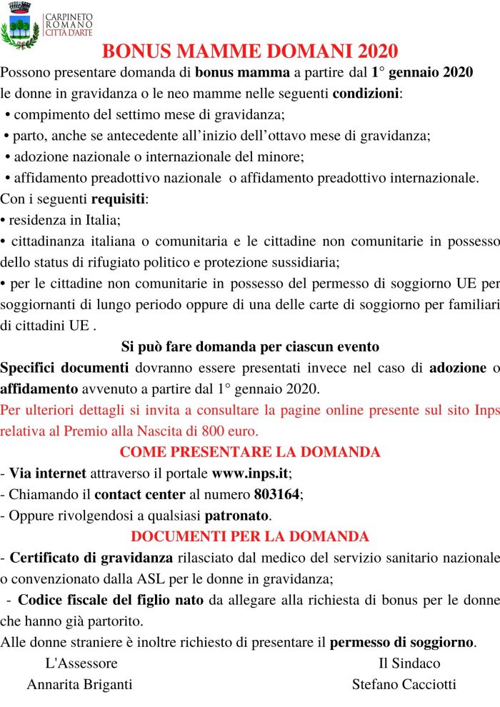 Bonus Mamme Domani 2020 : Comune di Carpineto Romano